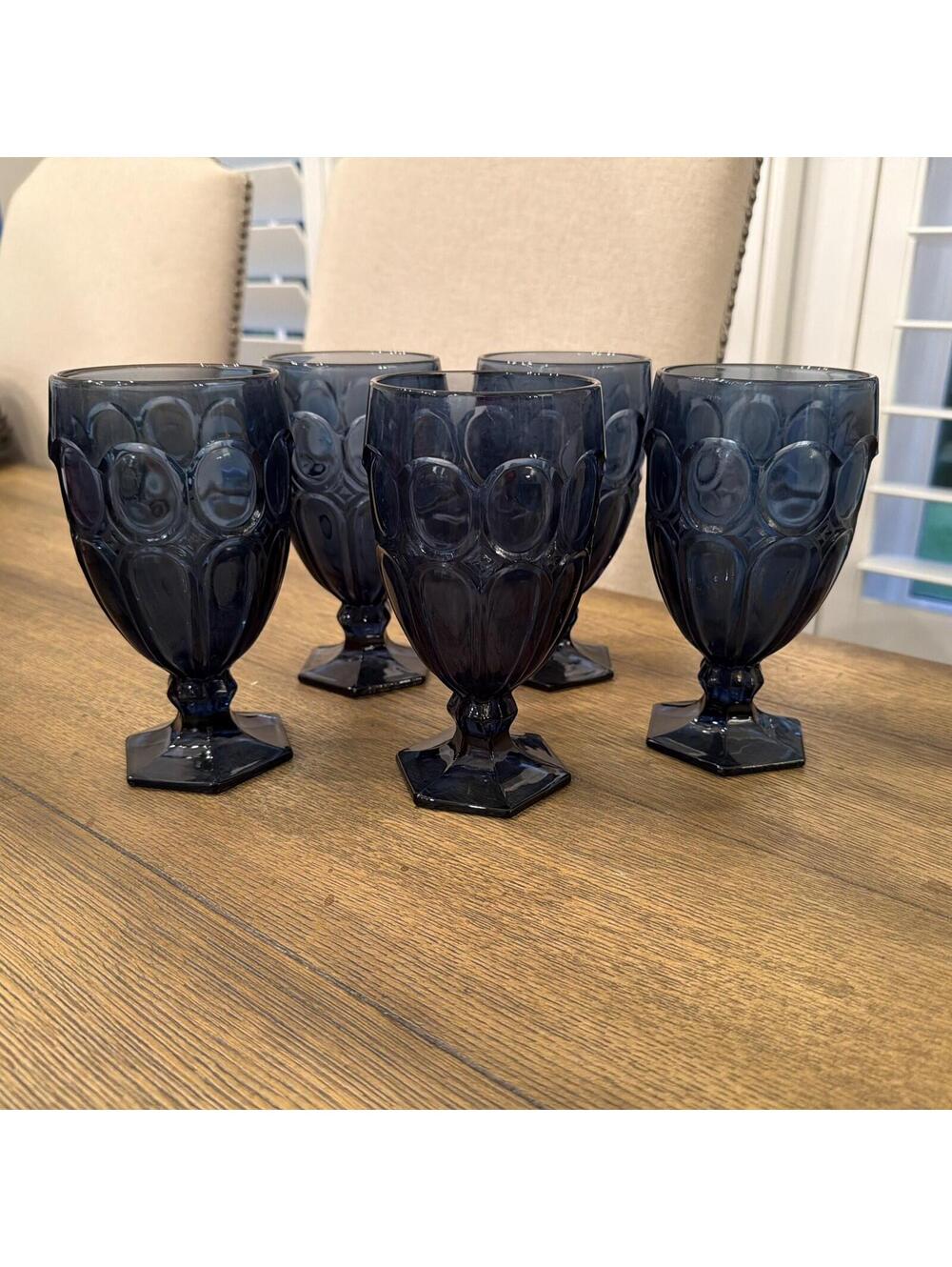 Fostoria Moonstone Dark Blue Tea Glasses Vintage Iced Tea Glass - Set of 5
